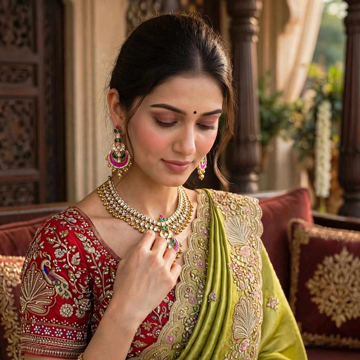 Handmade Kundan Bridal Jewelry Set, Gold Plated Wedding Necklace