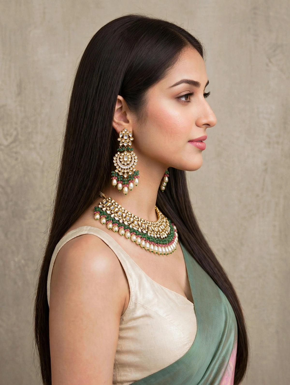 Kundan Choker Necklace Earrings Set, 22k Gold Plated Indian Bridal Jewelry