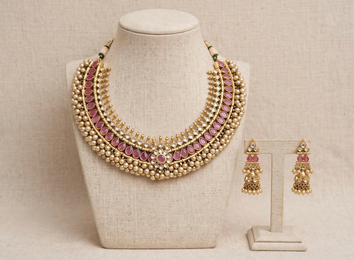 Kundan Choker Necklace Set, Ruby red Tussi Style, Indian Handmade Jewelry, Antique Gold Finish