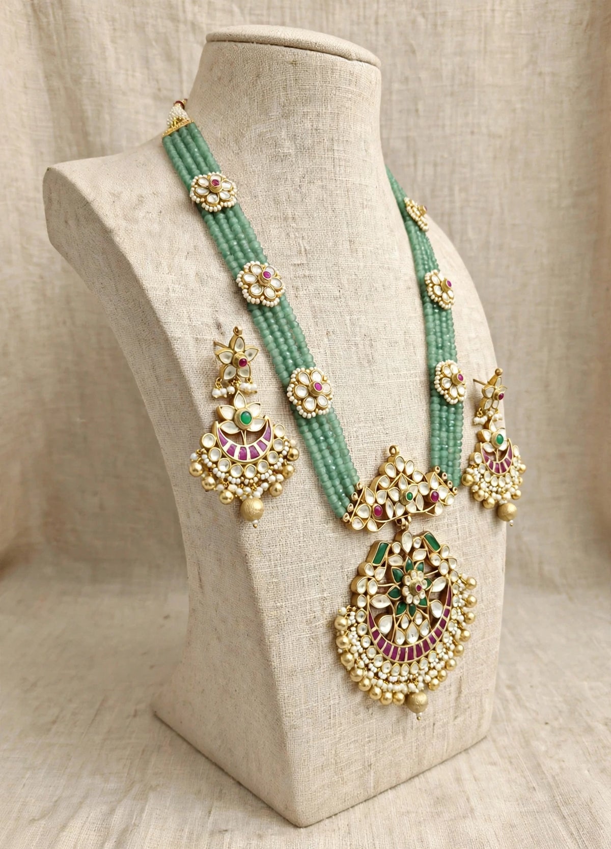 Handmade Kundan Bridal Jewelry Set, 22k Gold Plated Long Wedding Necklace