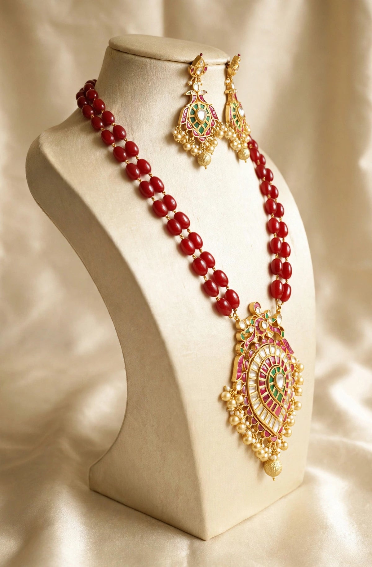 Handmade Kundan Jewelry Set, Gold Plated South Indian Necklace with peacock earrings