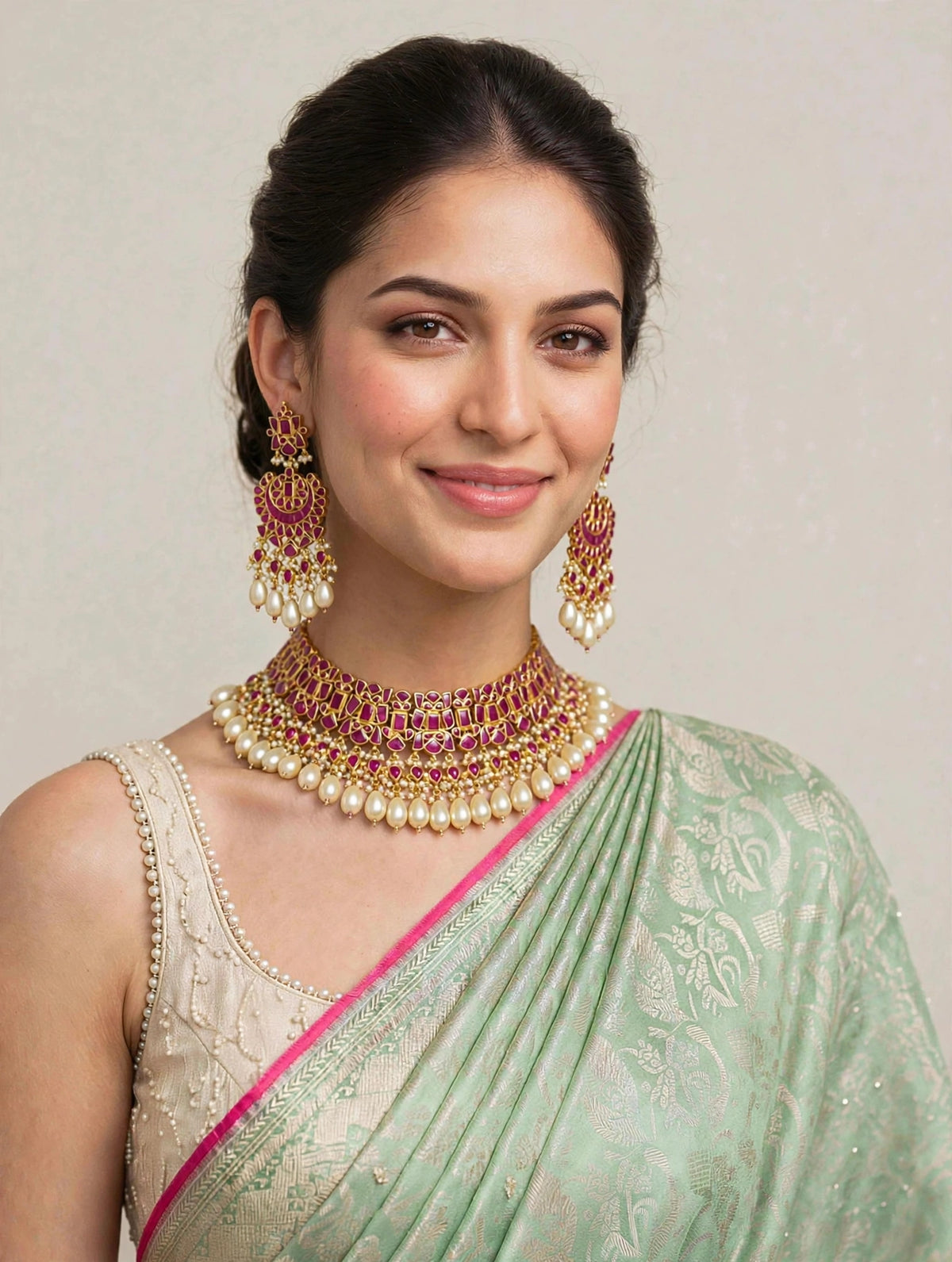 Kundan Jewelry, South Indian Bridal Choker Necklace with Chandbali Earrings