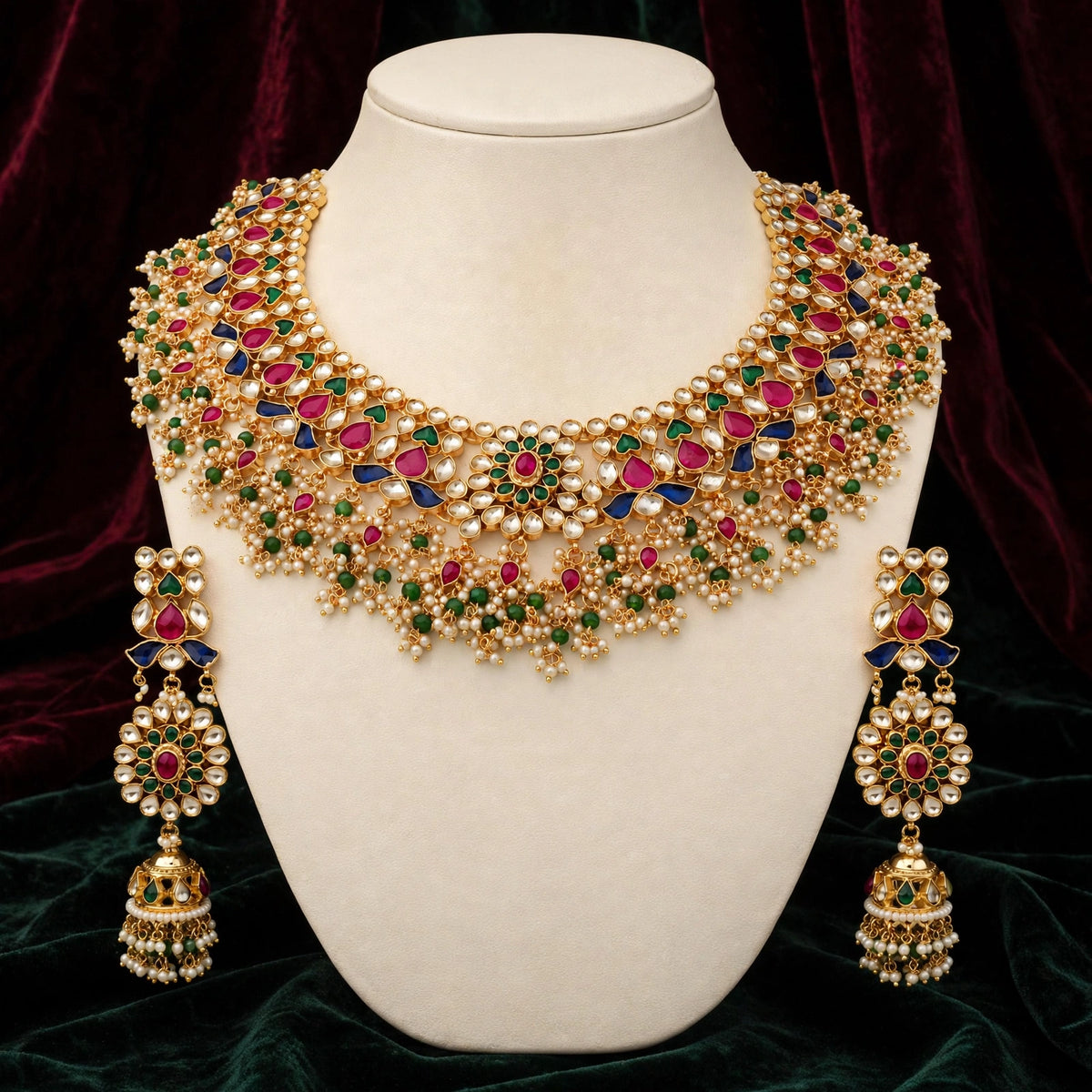 Multicolor Kundan Choker Necklace and Earrings, Gold Plated Statement Choker for Indian Brides