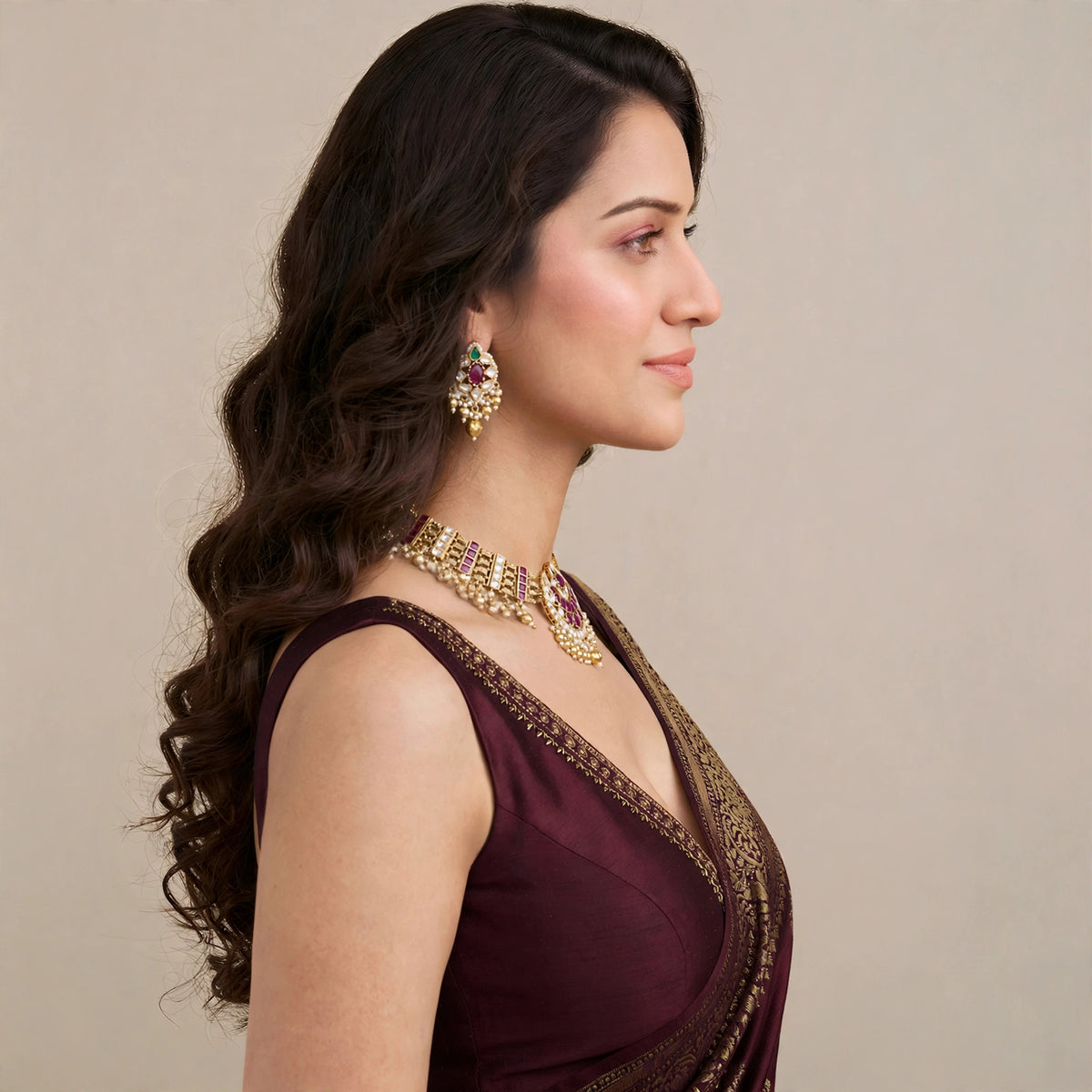 Kundan Bridal Jewelry, Gold Plated Choker Necklace with Earrings