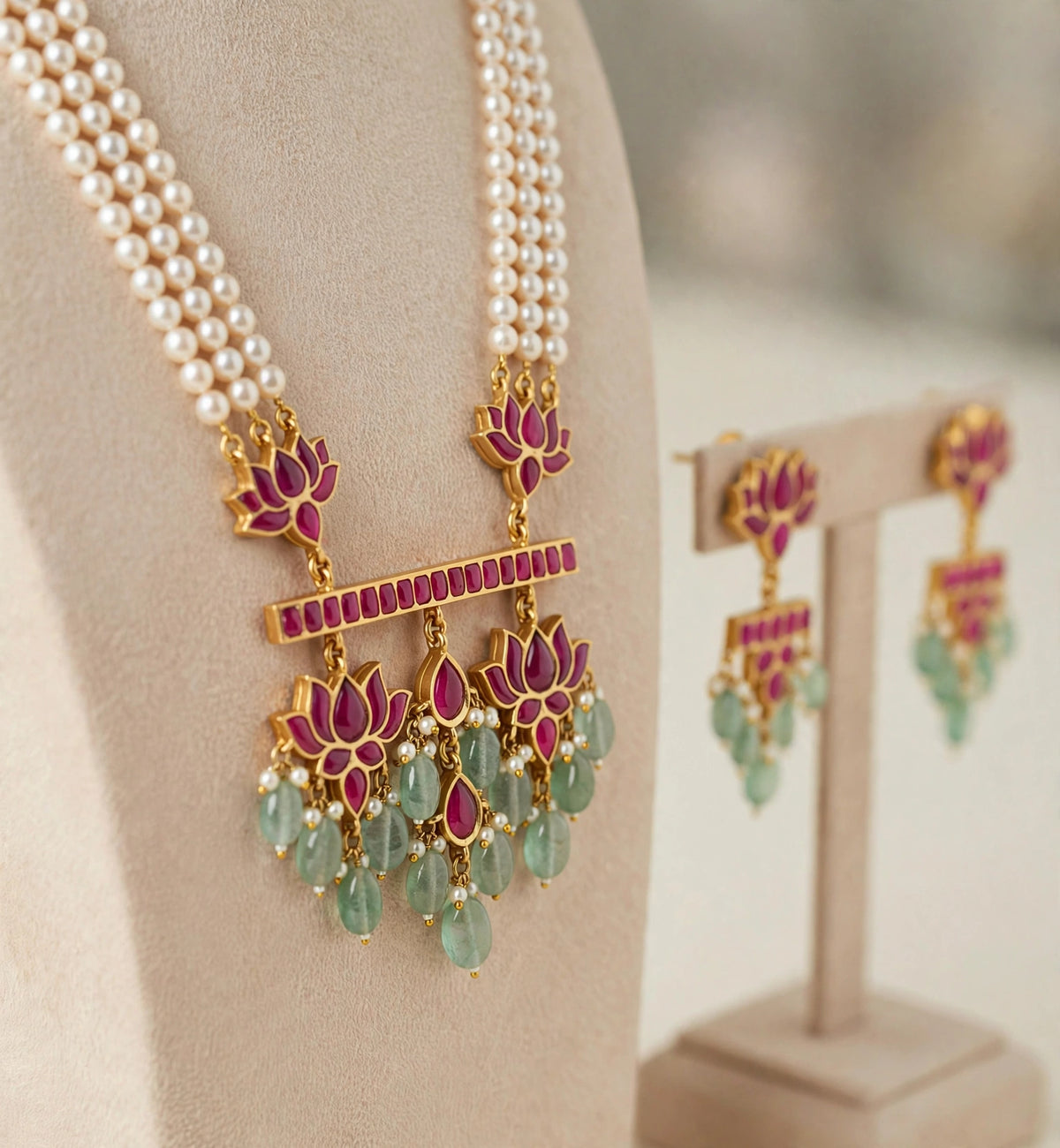 Kundan Jewelry Set, Indian Handmade Pendant Necklace with Earrings