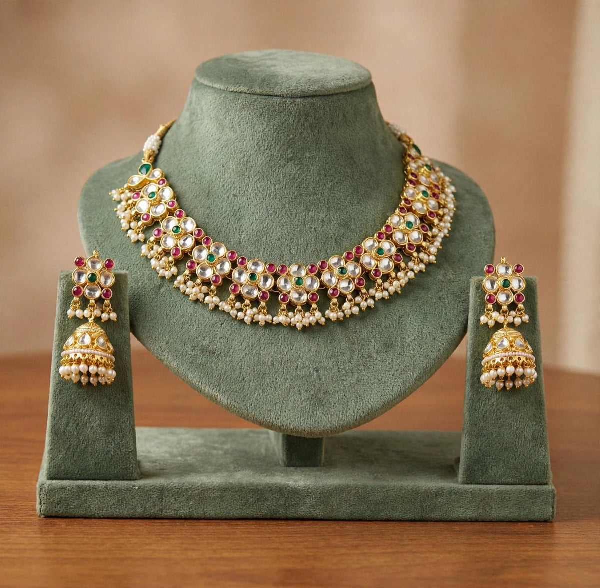 Handmade Kundan Choker Necklace with Earrings Set, Indian Bridal Jewelry