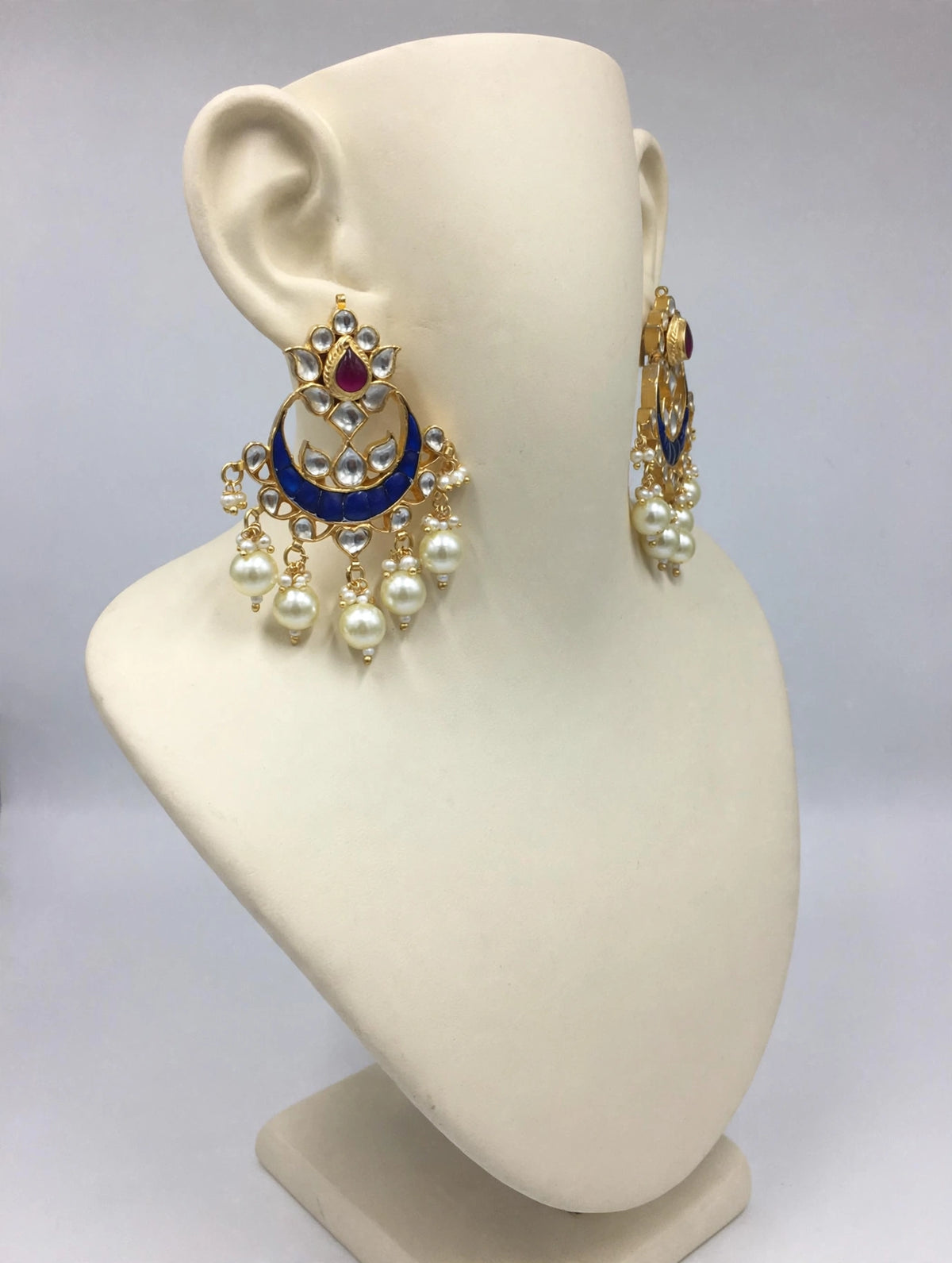 Handcrafted Kundan Chandbali Earrings, South Indian Style, Pearl Hangings