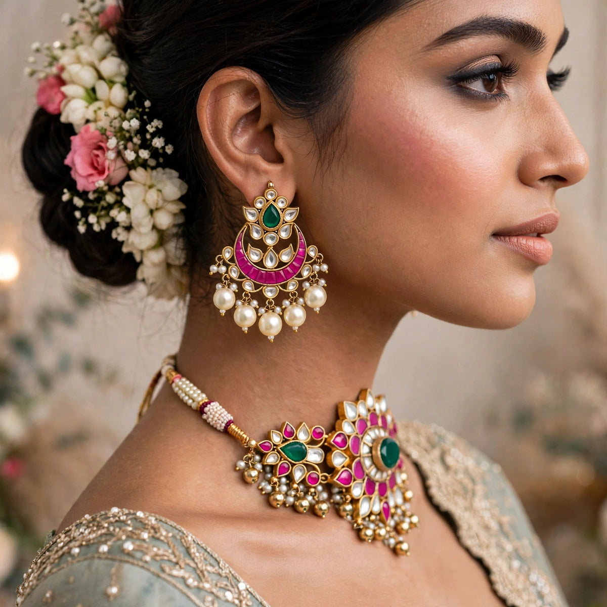 Handmade Kundan Choker Necklace Set, 22K Gold Plated, Bollywood Bridal Jewelry