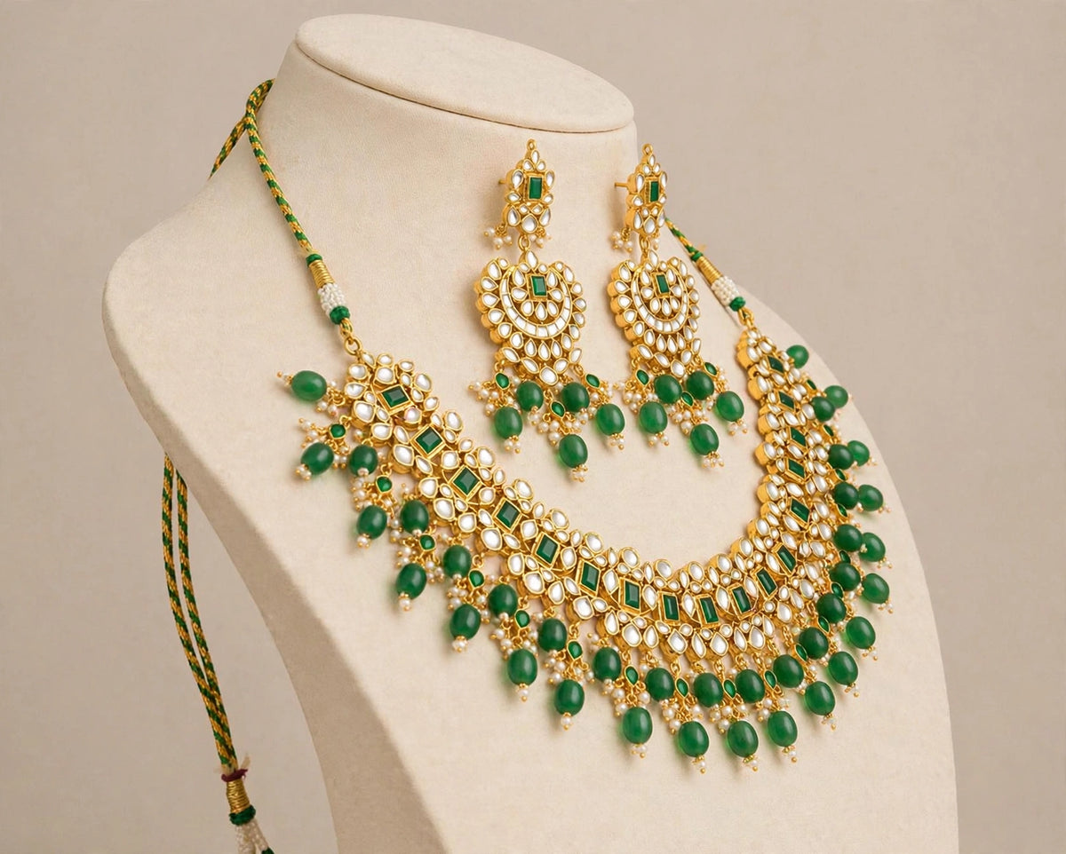 Kundan Jewelry set, Choker Necklace with Chandbali Earrings, Green Bridal Sets