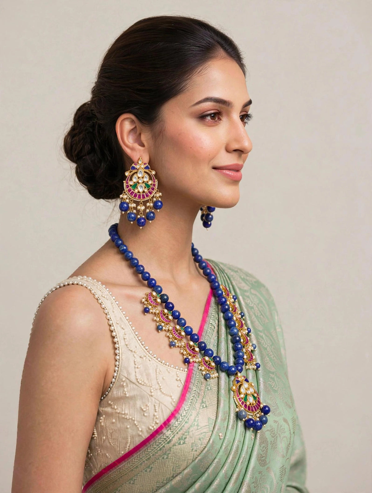 Handmade Kundan Jewelry Set | Blue Lapis with Chandbali Earrings | Gold Plated Designer Necklace