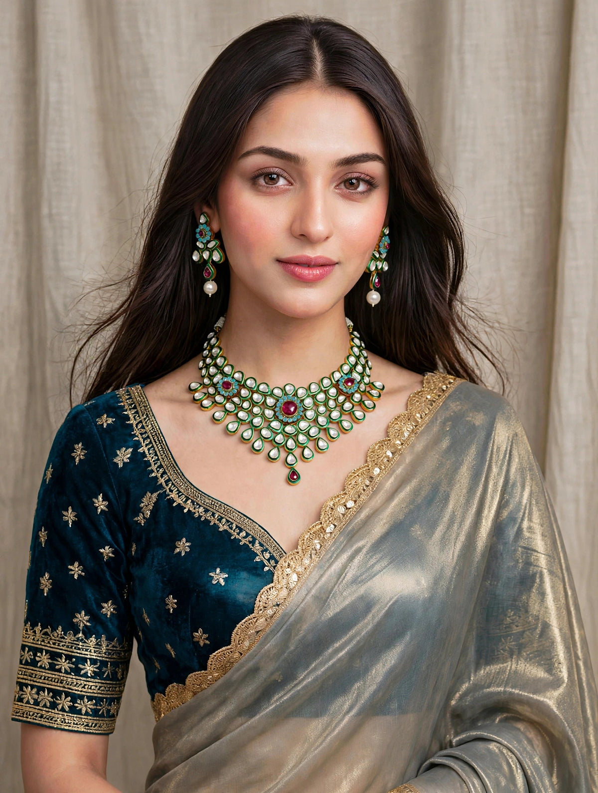 Kundan Choker Necklace with Earring | Indian Heirloom Bridal Jewellery Set | Green Enamel