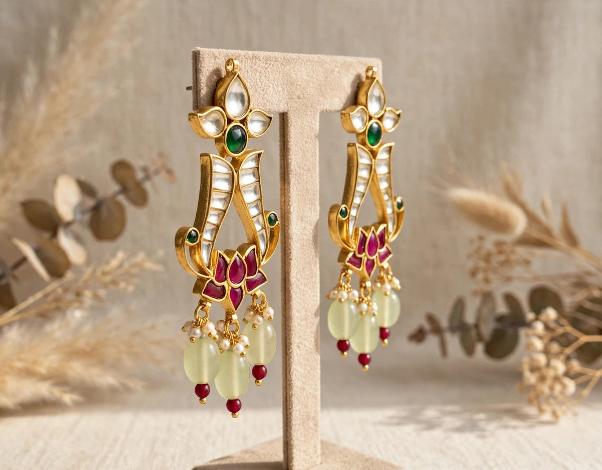Gold Plated Kundan Earrings, Lotus Design, Indian Bridal Jewelry