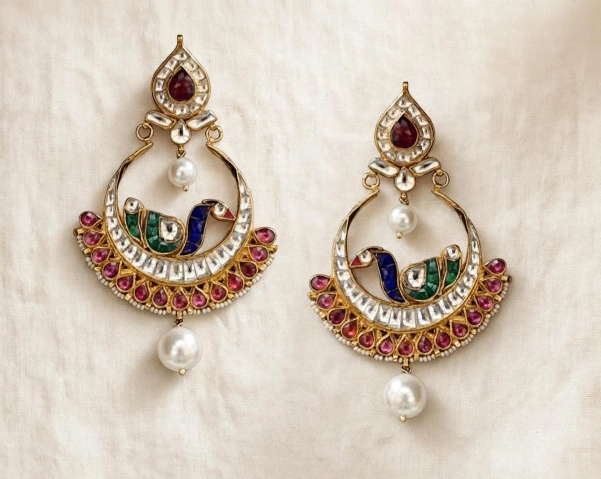Handmade Kundan Chandbali Earrings, Indian Bridal Peacock Jewelry