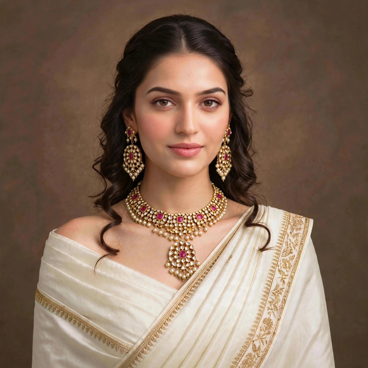 Handmade Kundan Choker Necklace with Earrings , 22k Gold Plated Indian Wedding Jewellery Sets