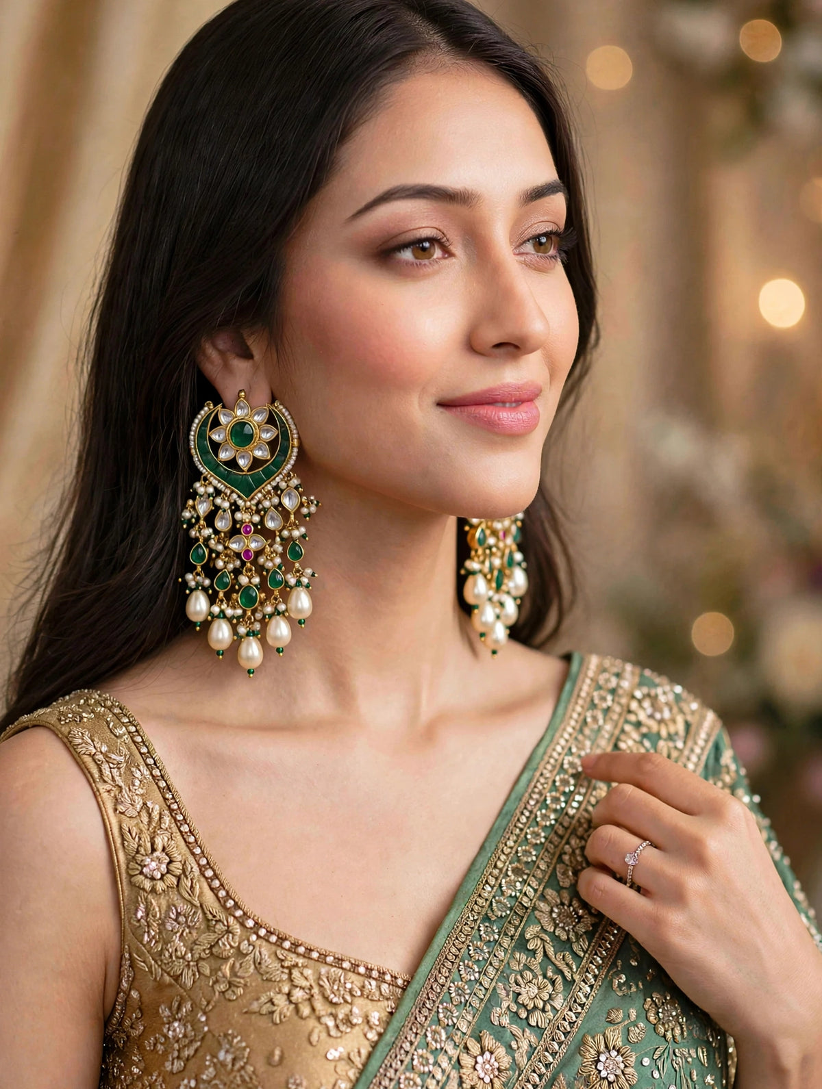 Handmade Green Kundan Chandbali Earrings, Gold Plated Indian Bridal Jewelry