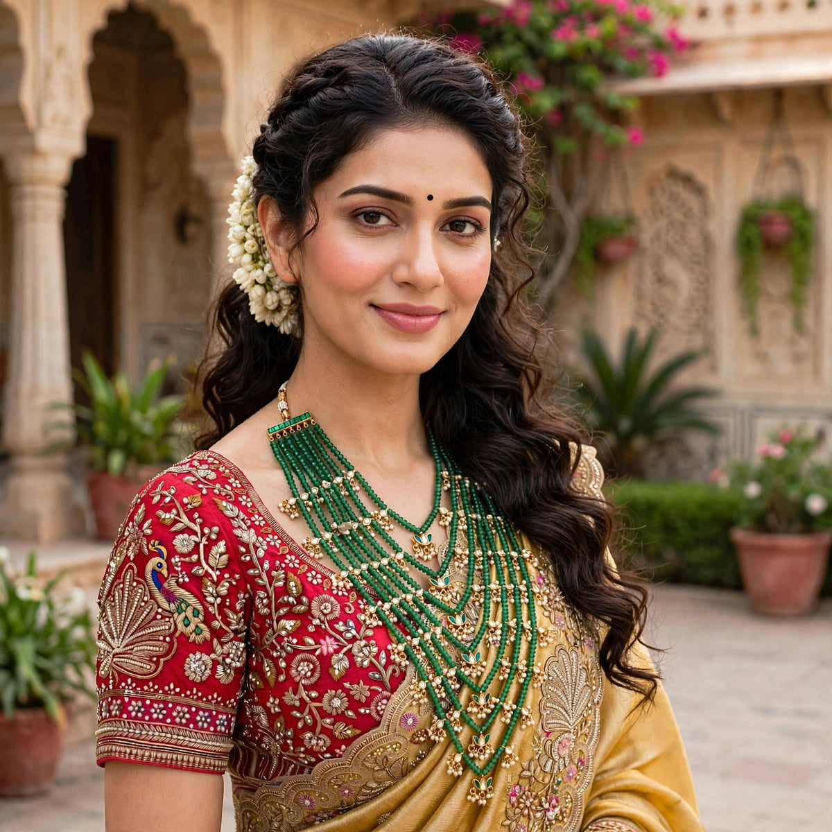 Multi-Layered Kundan Necklace | 22k Gold Plated Indian Bridal Jewelry | Green Satlada Set