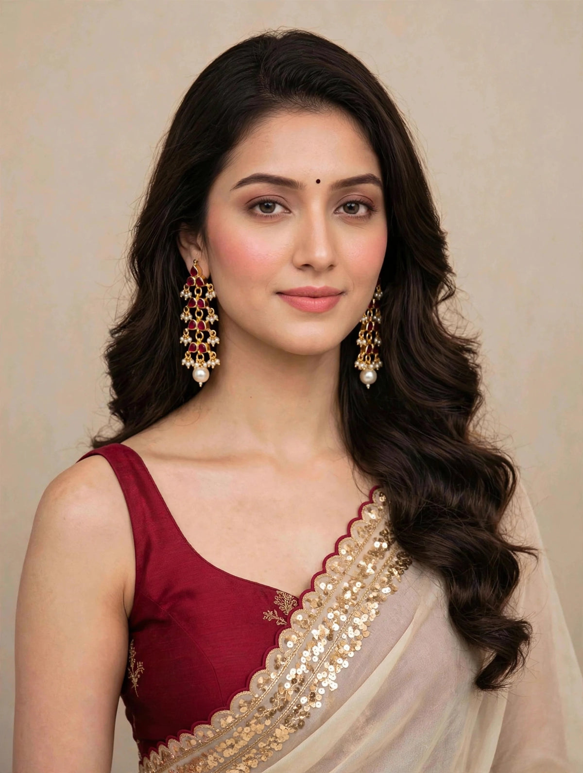 Handmade Kundan Earrings: Pink Stone Pearl Hanging Earring