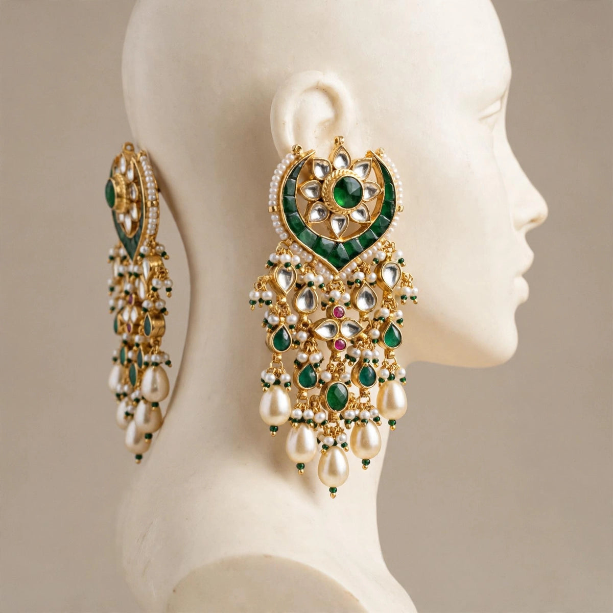 Handmade Green Kundan Chandbali Earrings, Gold Plated Indian Bridal Jewelry