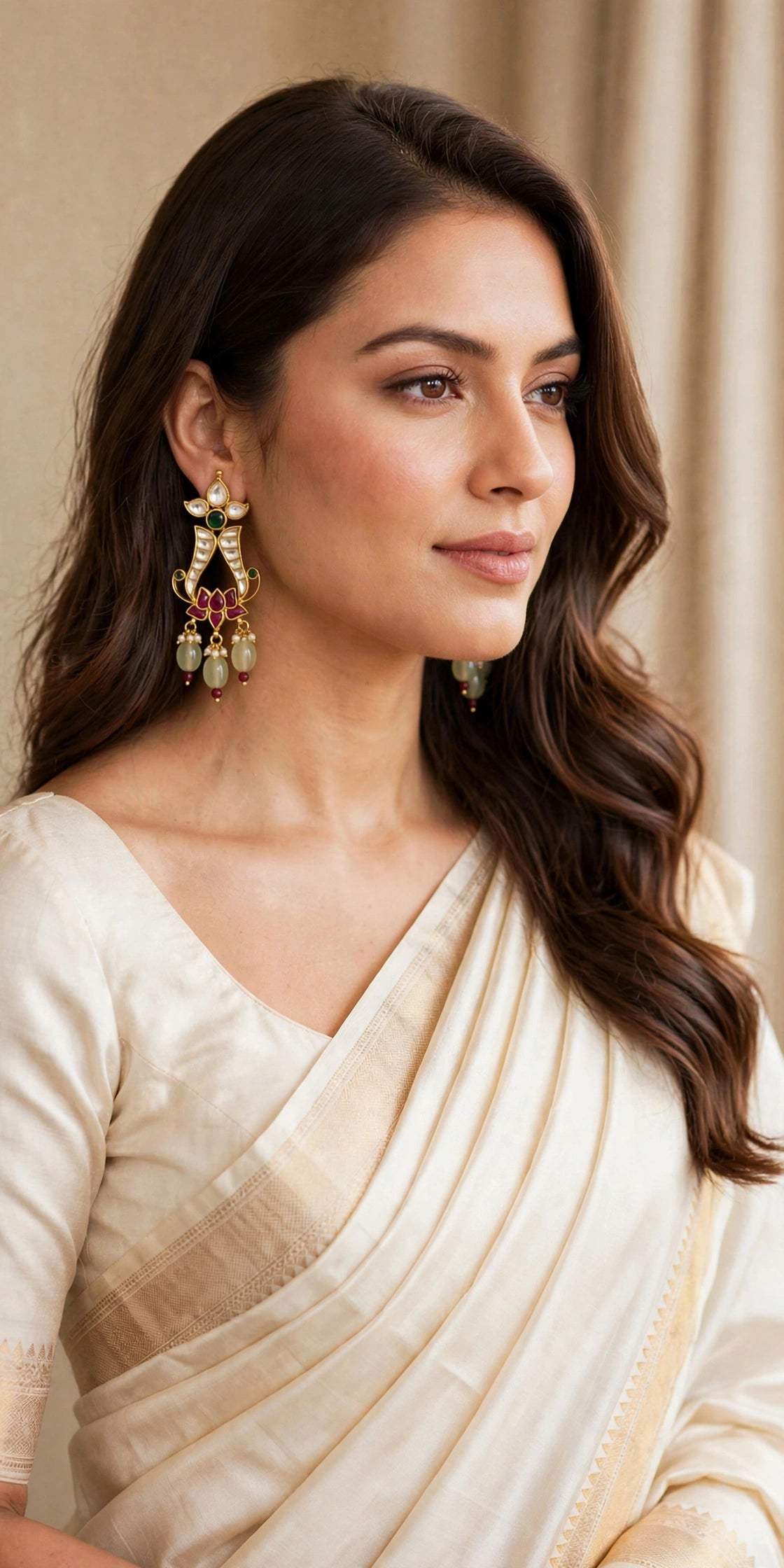 Gold Plated Kundan Earrings, Lotus Design, Indian Bridal Jewelry