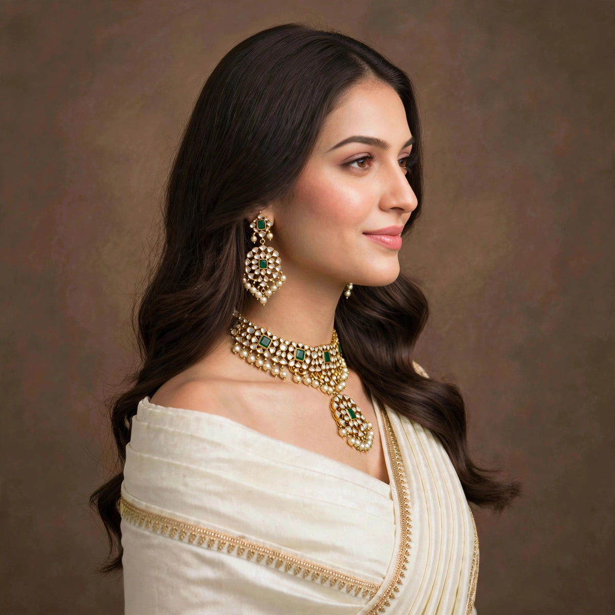 Handmade Kundan Choker Necklace with Earrings , 22k Gold Plated Indian Wedding Jewellery Sets