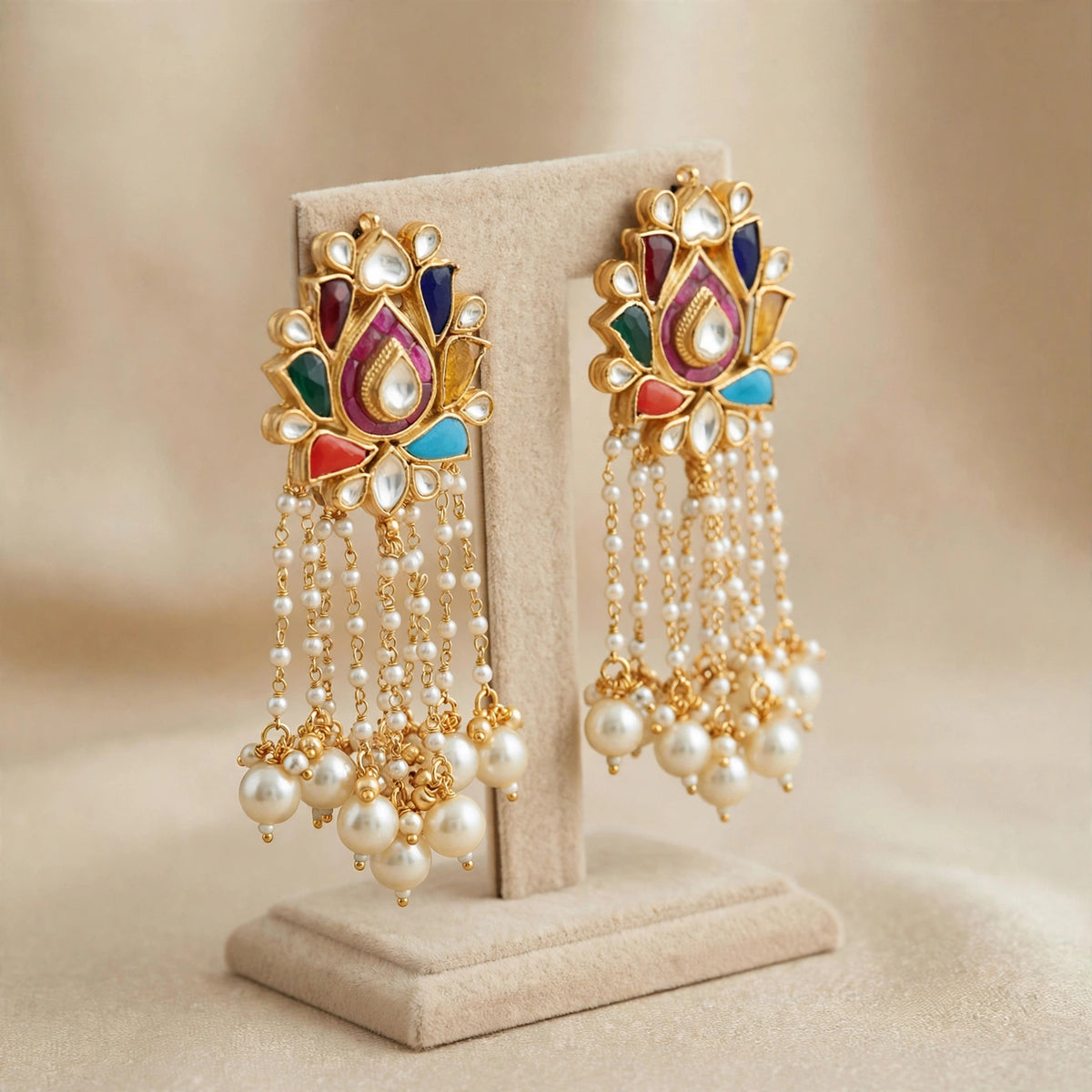 Gold Plated Kundan Earrings | Navratna Pearl Drop Chand Bali | Indian Handmade Jewelry