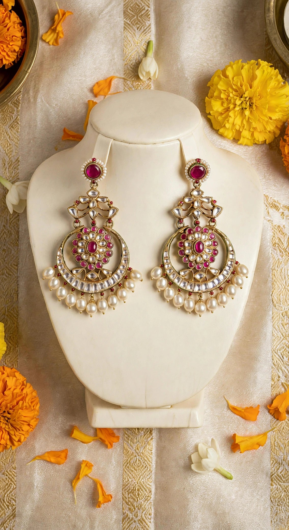 Kundan Chandbali Earrings, Gold Finish, Pearl Drop, Indian Bridal Jewelry