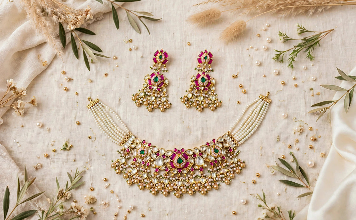 Kundan Choker Necklace Set, Gold Plated South Indian Jewelry