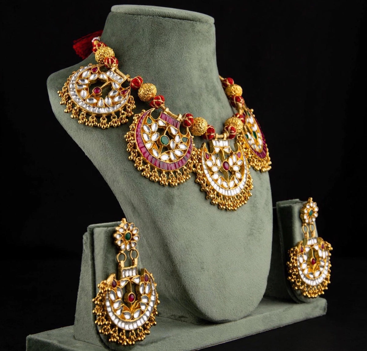 Kundan Necklace with Earrings, Ethnic Indian Jewelry with Gold Plating