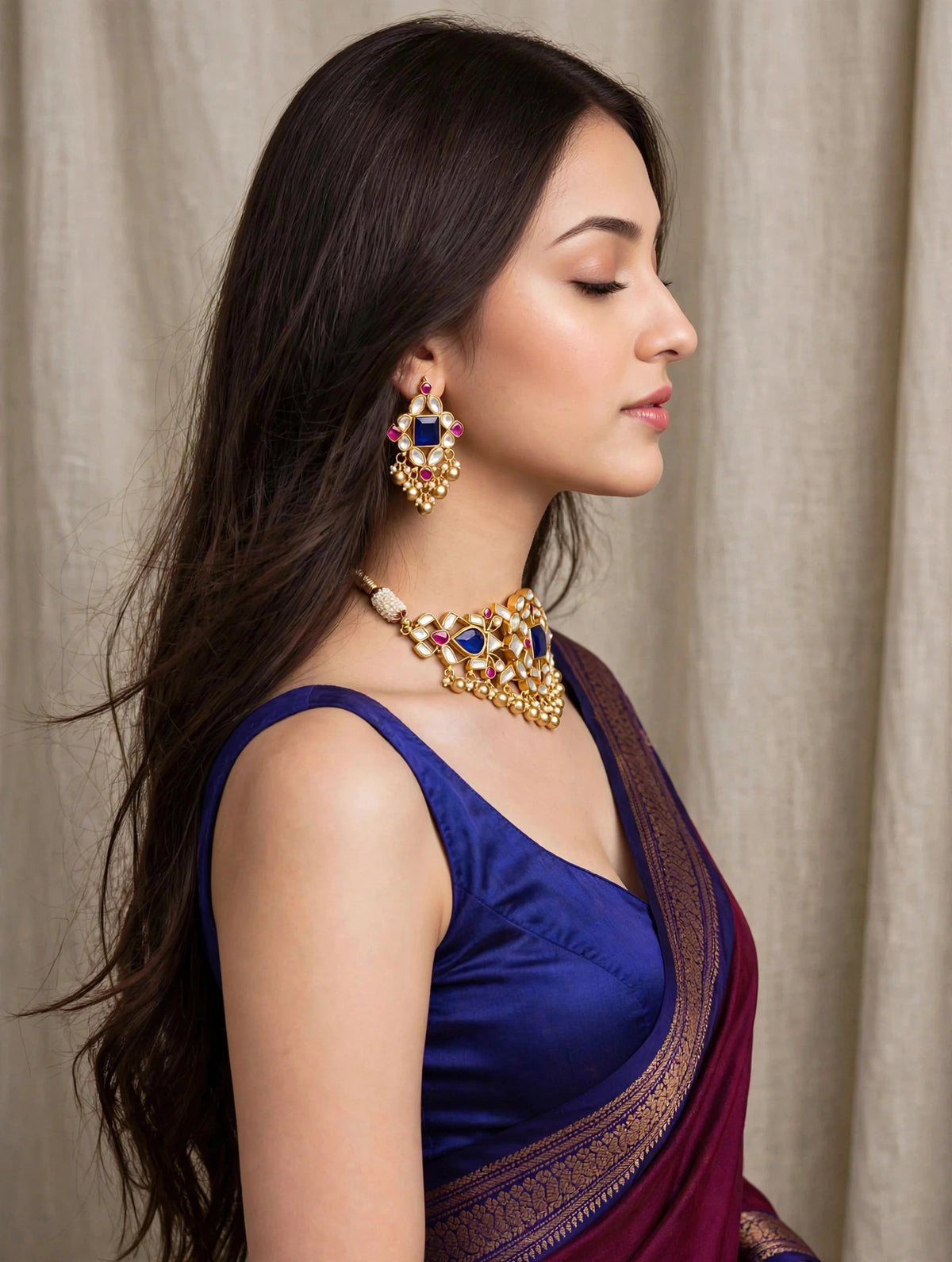 Gold Plated Kundan Choker Necklace with earrings , Indian Bridal Jewelry Set