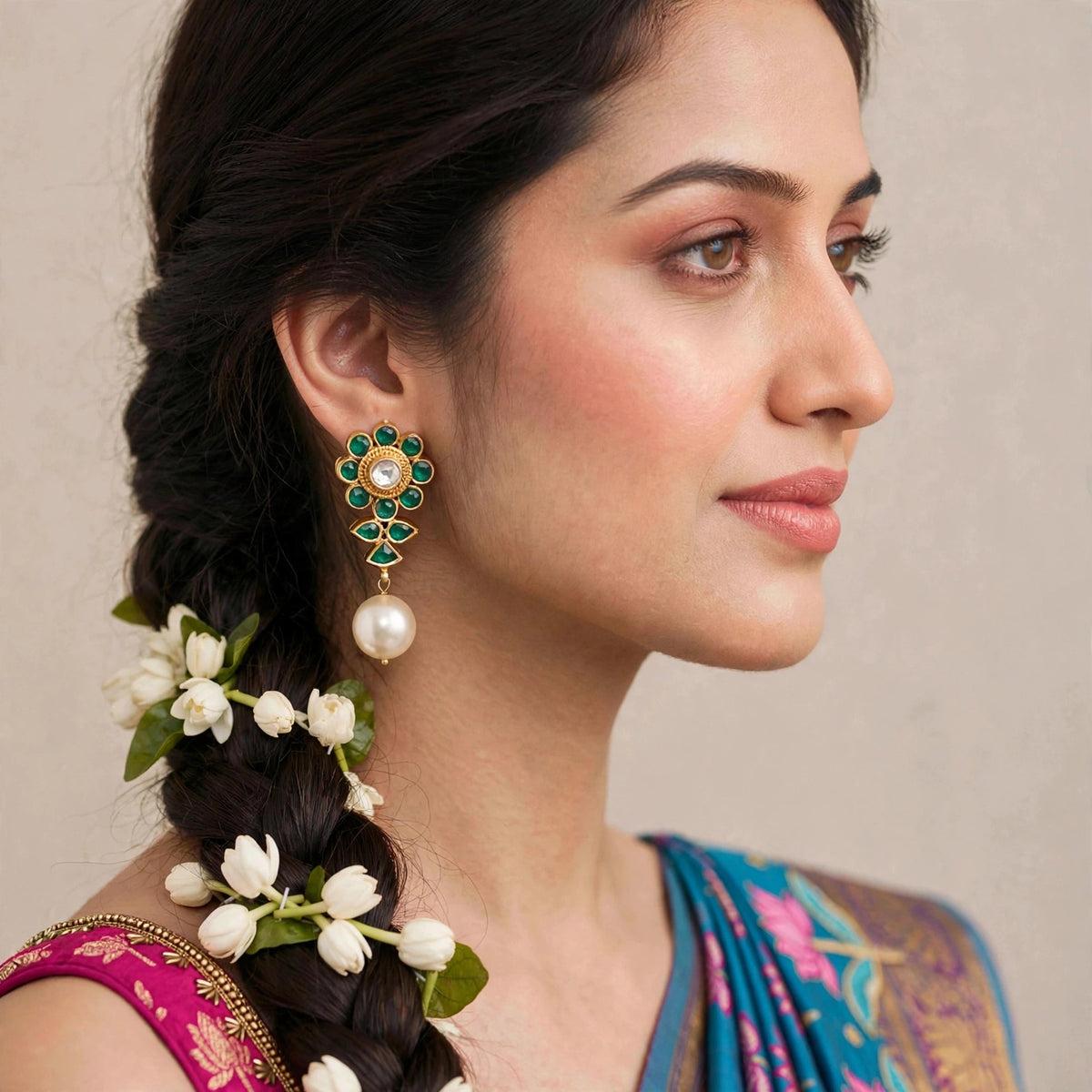 Kundan Pearl Drop Earrings, Gold Plated Indian Jewelry