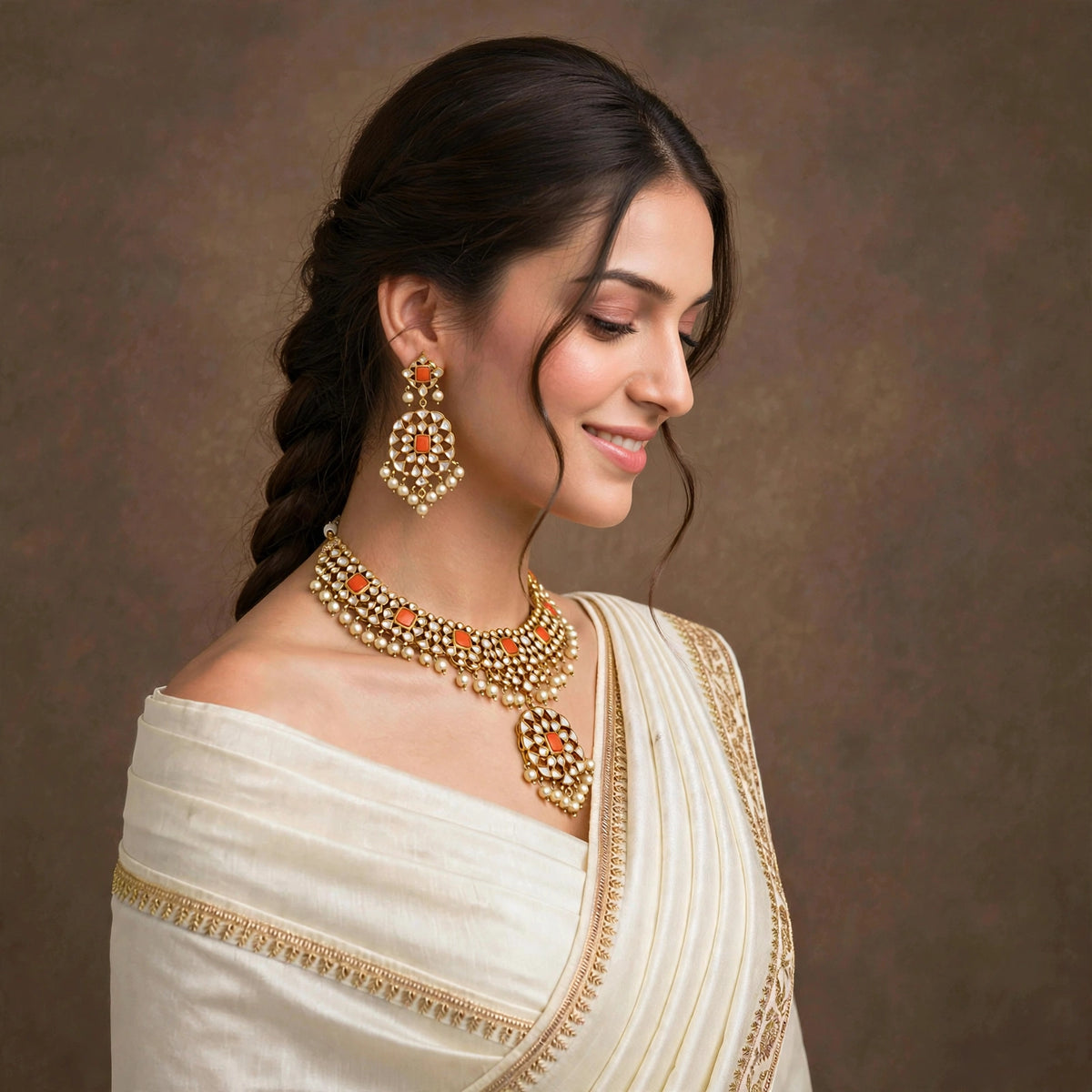 Handmade Kundan Choker Necklace with Earrings , 22k Gold Plated Indian Wedding Jewellery Sets