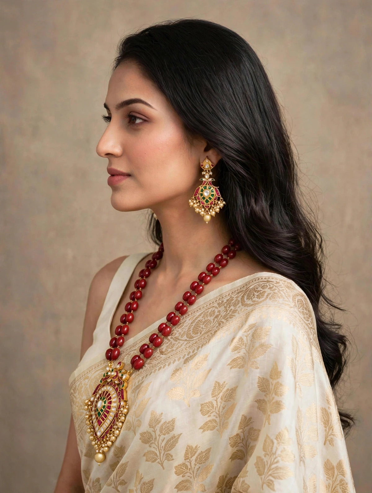 Handmade Kundan Jewelry Set, Gold Plated South Indian Necklace with peacock earrings