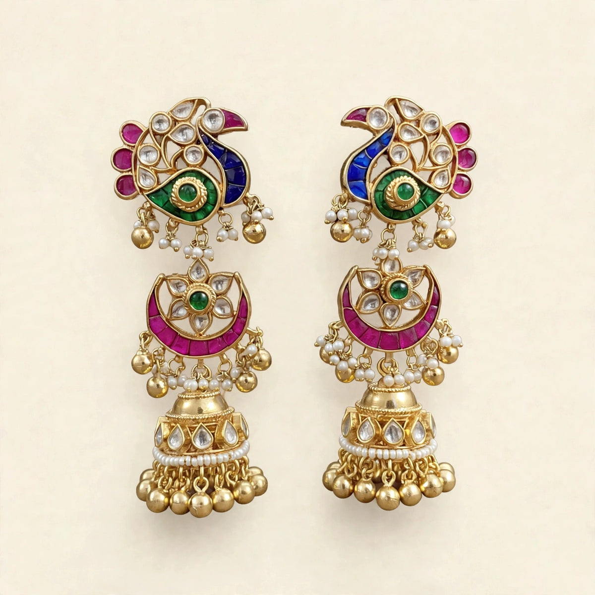 Kundan Earrings, Antique Gold Finish Jhumki, Indian Bridal Jewelry