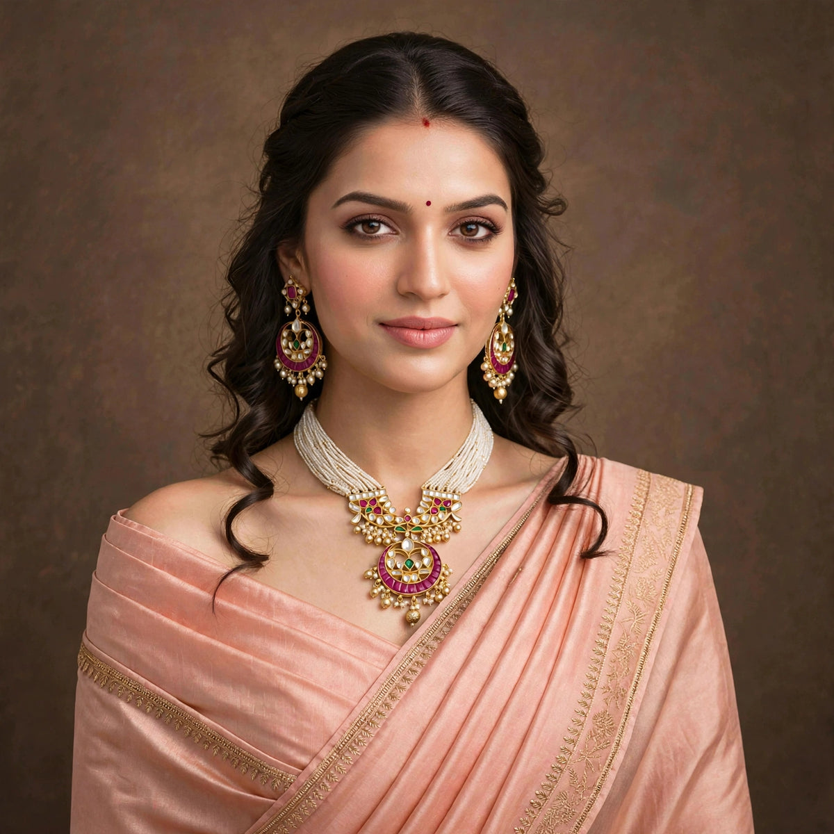 Handmade Kundan Ranihaar Necklace with Chandbali Earrings, Bridal Jewelry