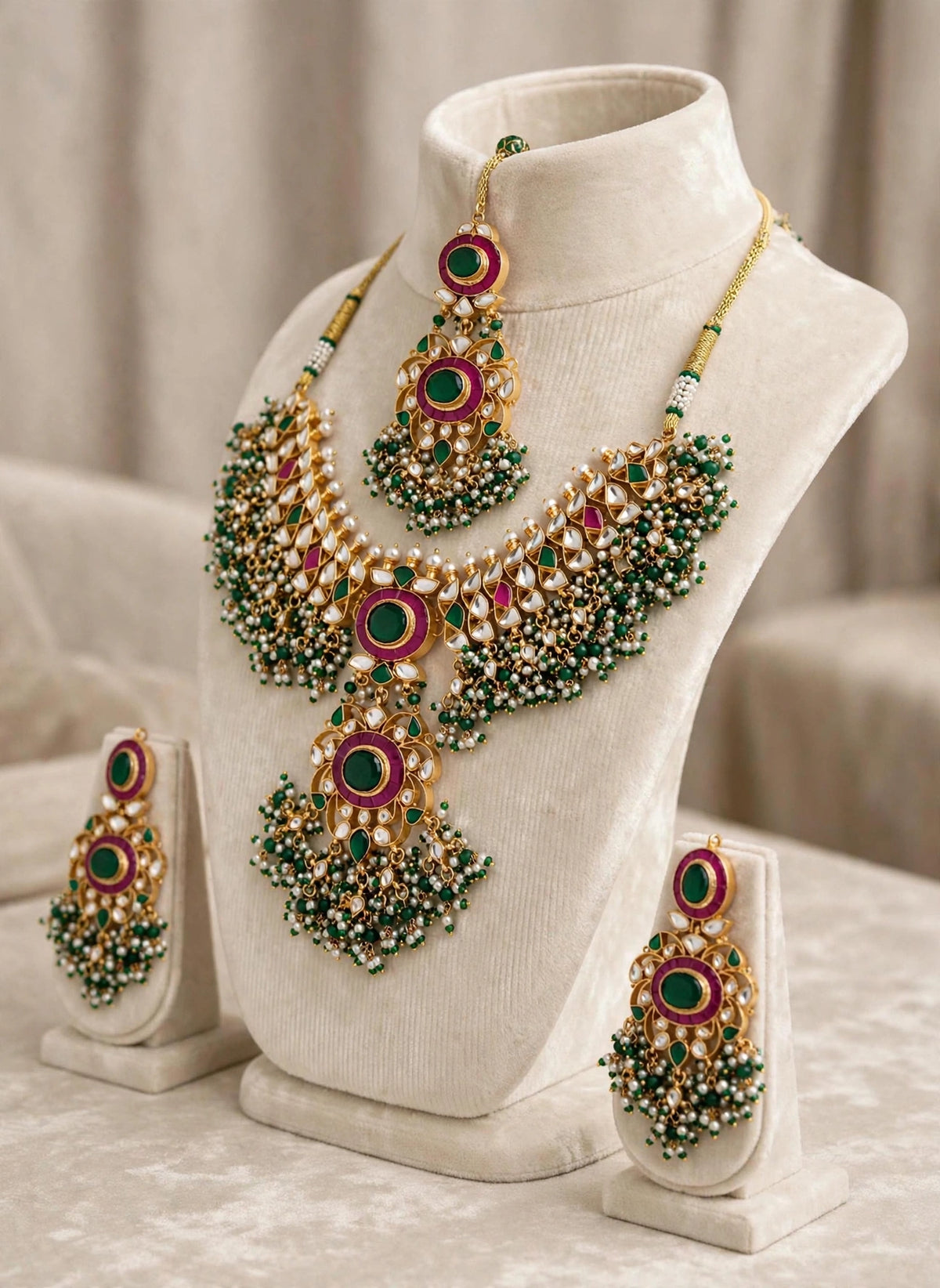 Kundan Choker Necklace Set with Earrings & Maang Tikka | Green Stone Indian Wedding Jewelry