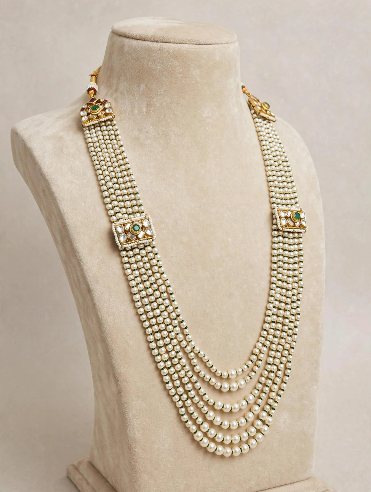 Kundan Pearl Satlada Necklace | 22k Gold Plated Bridal Jewelry | Pearl Layered Kundan Necklace