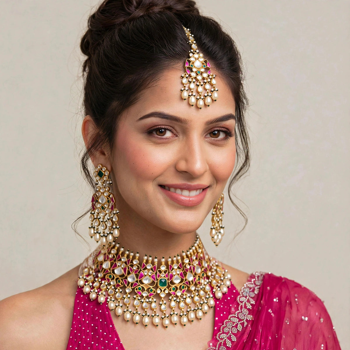 Handmade Kundan Wedding Choker with Earrings and Mangtika