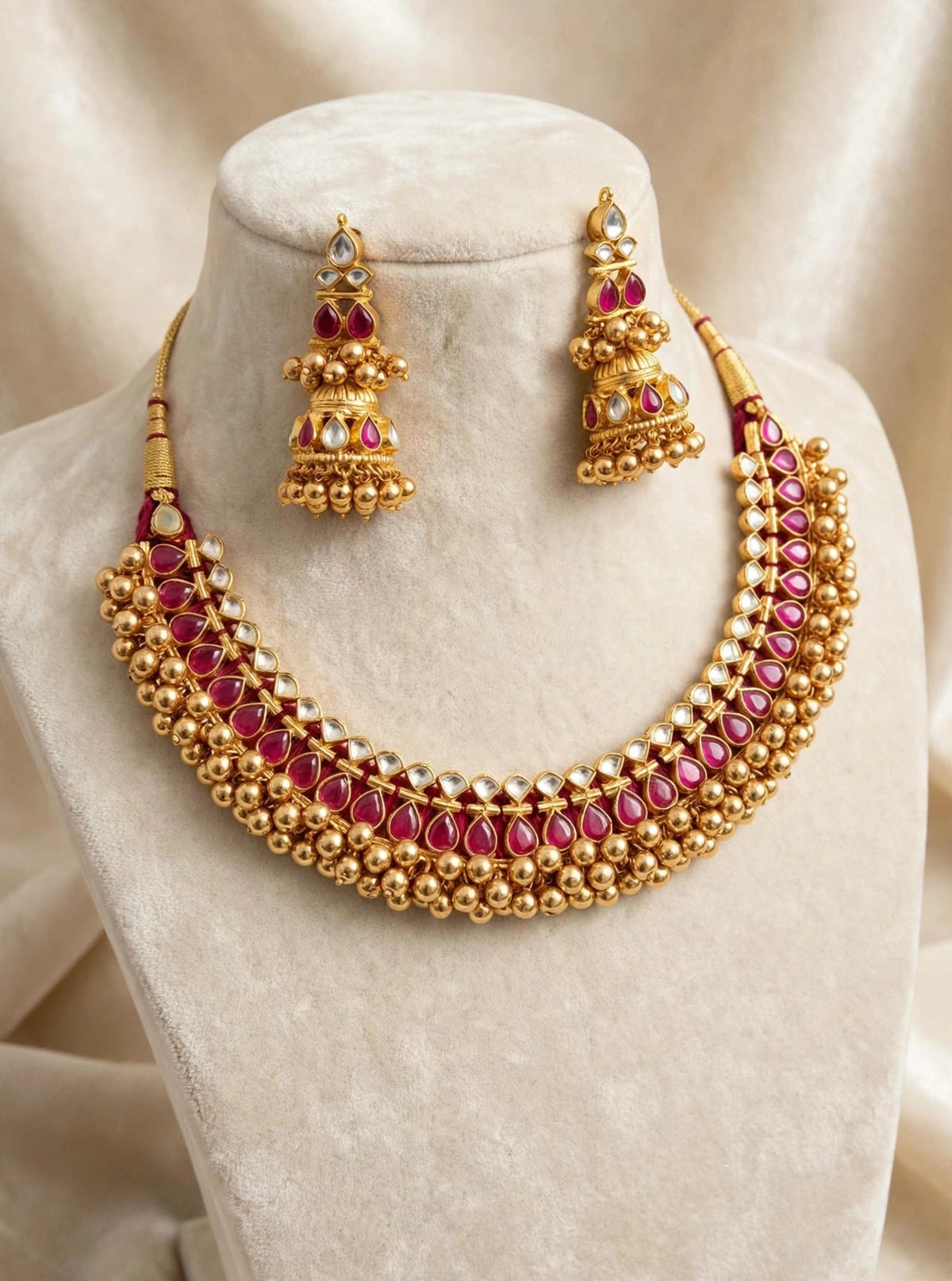 Kundan Choker Necklace with Jumkhi Earrings, Indian Bridal Jewelry, Tussi Necklace
