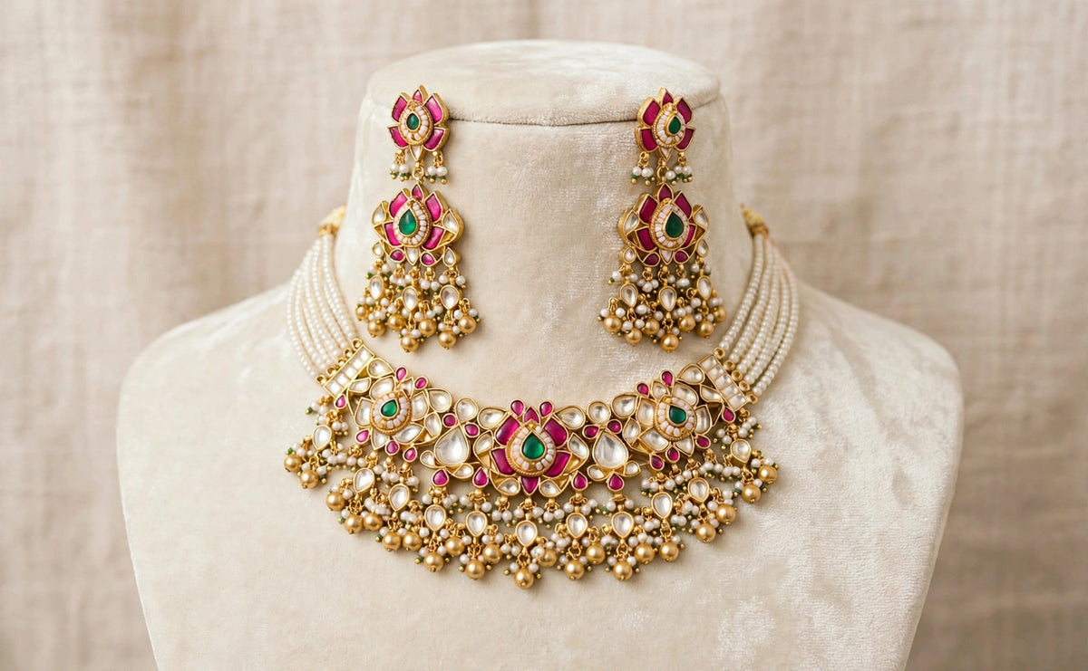 Kundan Choker Necklace Set, Gold Plated South Indian Jewelry