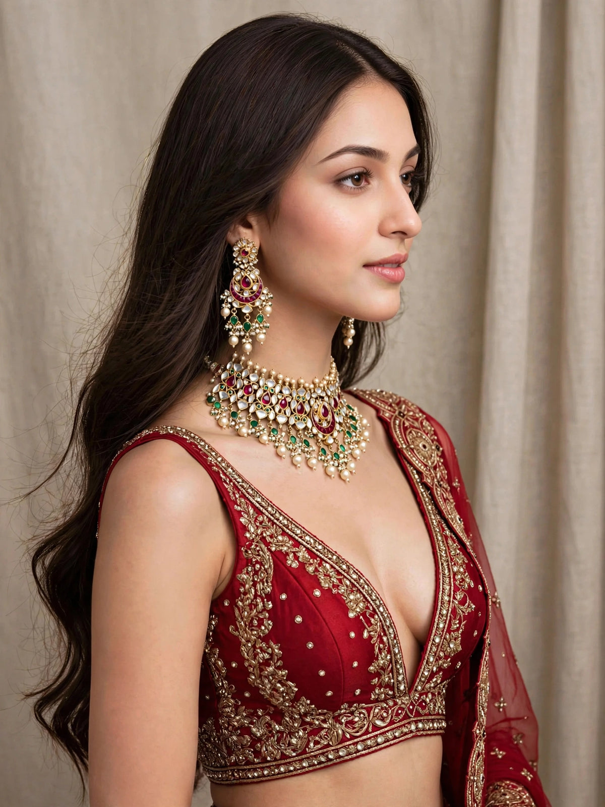 Traditional Kundan Choker Set, Gold Plated Handmade Indian Bridal Necklace Earrings
