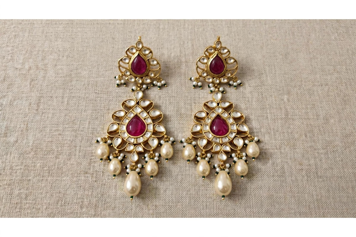 Handmade Kundan Choker Necklace Earrings Set, 22K Gold Plated Indian Bridal Jewelry