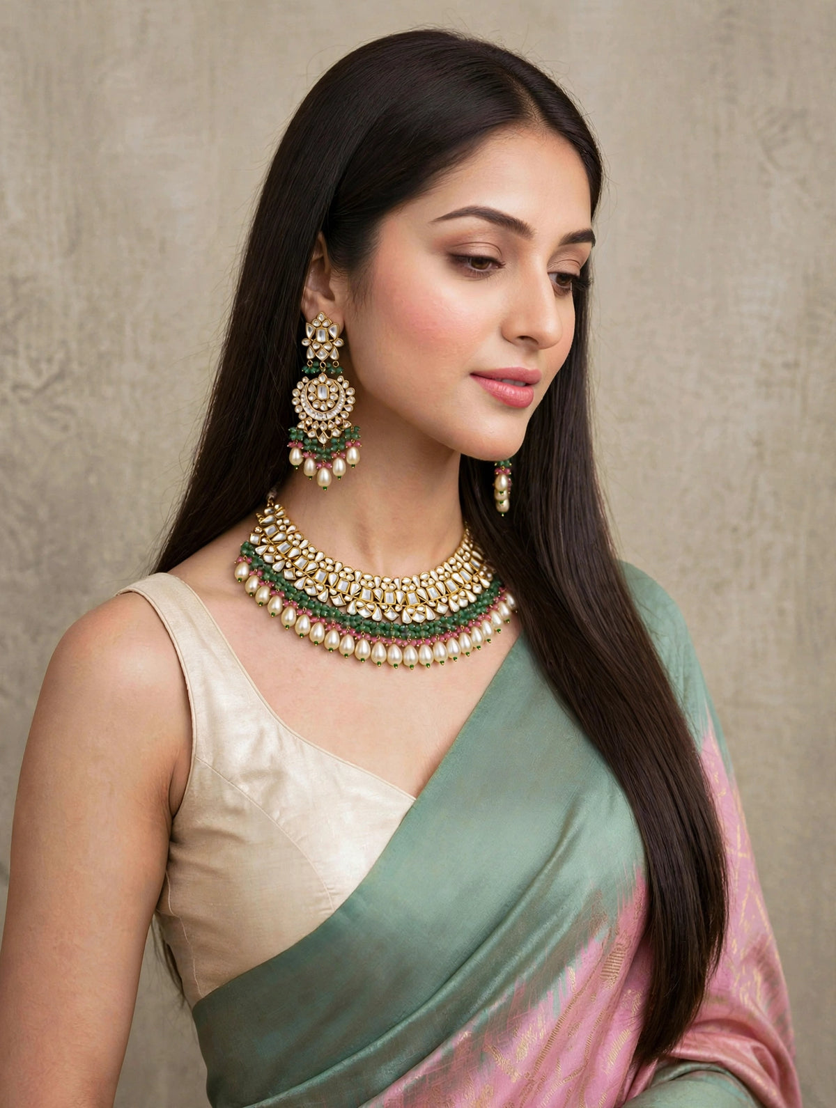Kundan Choker Necklace Earrings Set, 22k Gold Plated Indian Bridal Jewelry