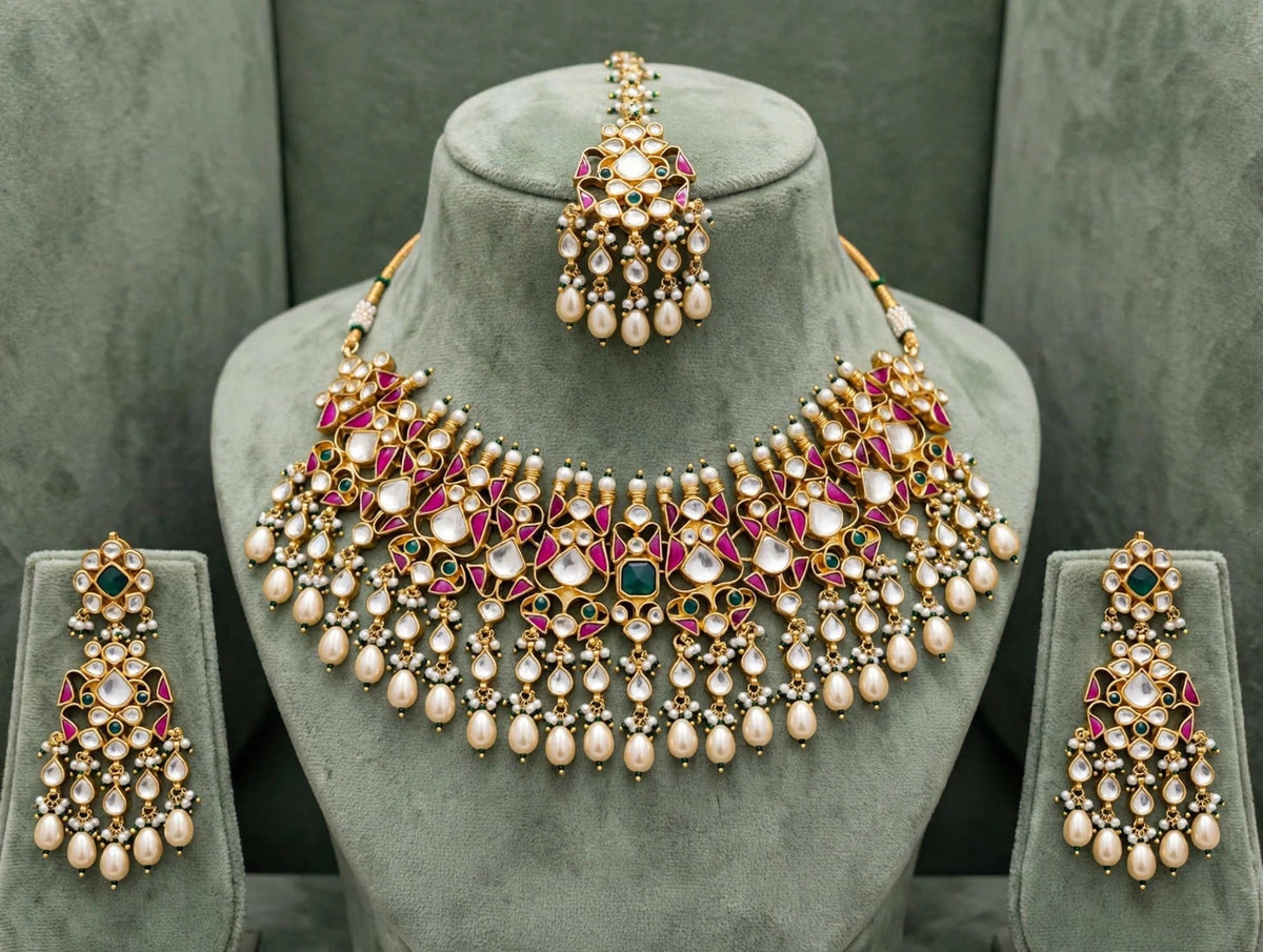 Handmade Kundan Wedding Choker with Earrings and Mangtika