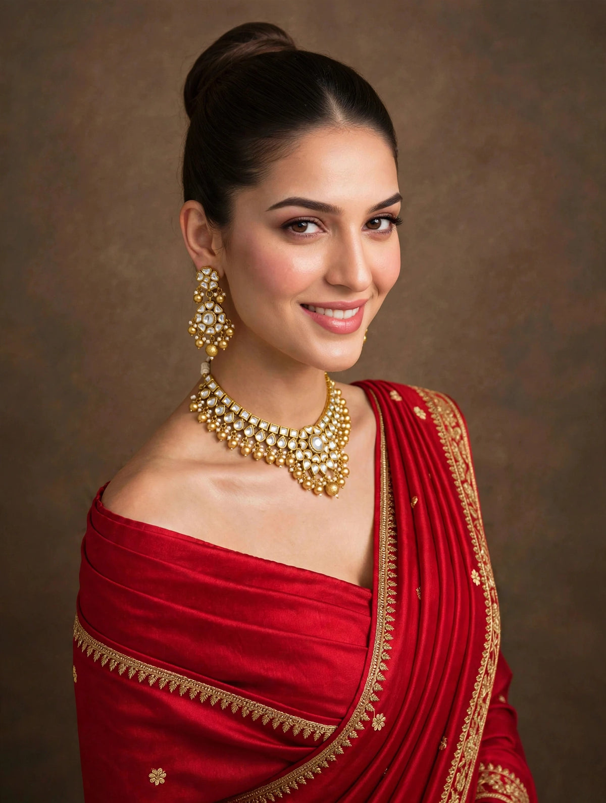 Handmade Kundan Bridal Necklace Set, 22k Gold Plated Indian Jewelry