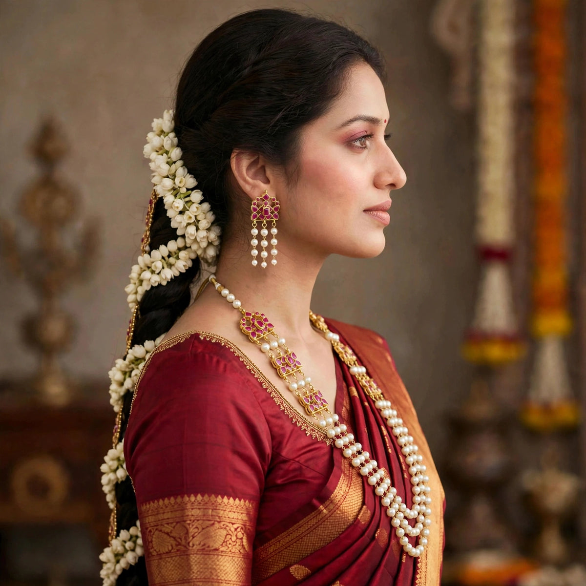 Kundan Pearl Mala Necklace | South Indian Bridal Jewelry Set | Gold Plated Wedding Accessories