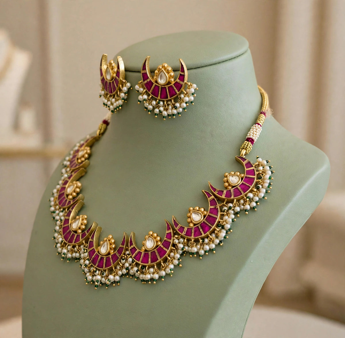 Gold Plated Kundan Choker Necklace Set, Indian Bridal Jewelry, Handmade Earrings