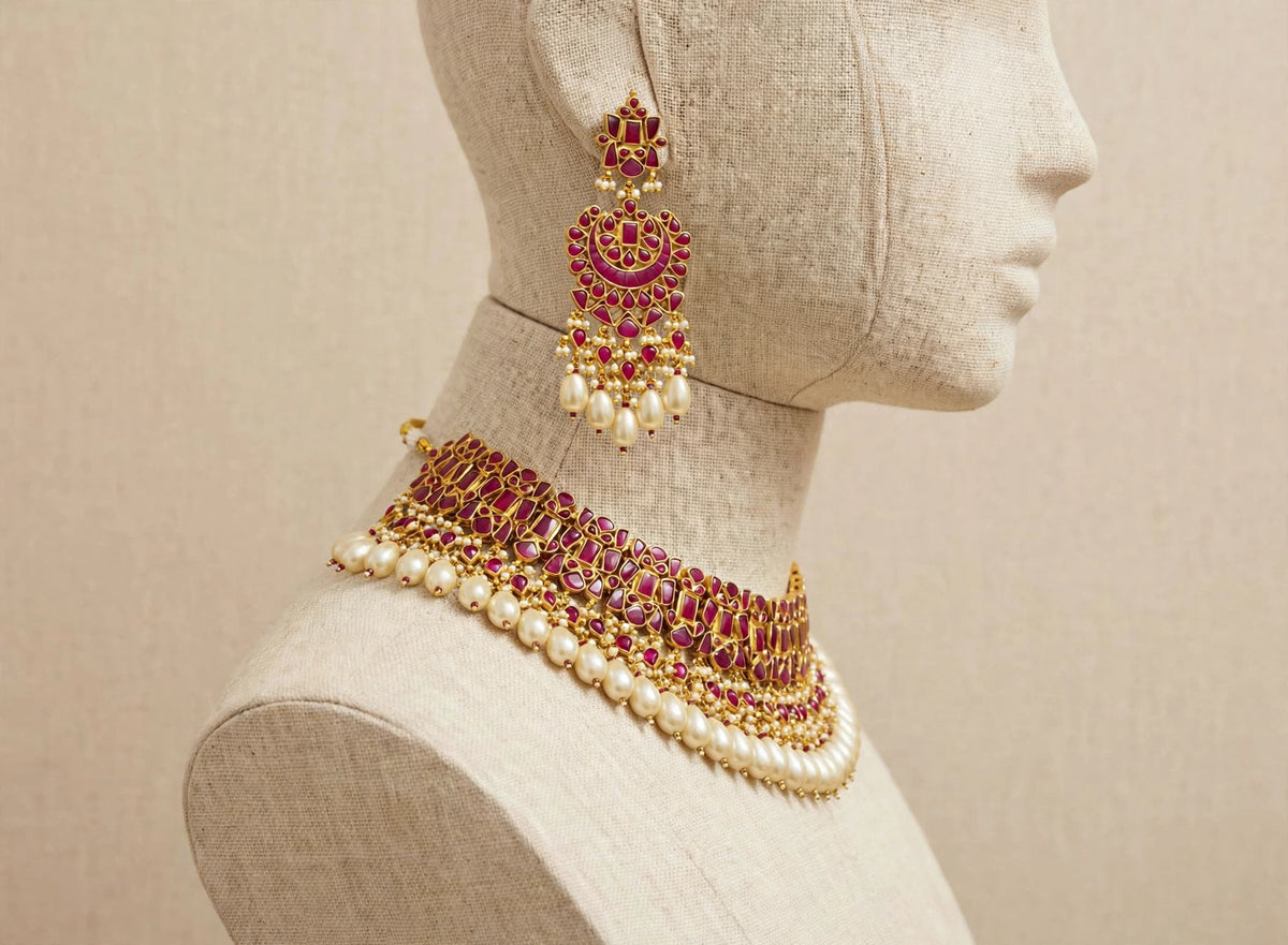 Kundan Jewelry, South Indian Bridal Choker Necklace with Chandbali Earrings