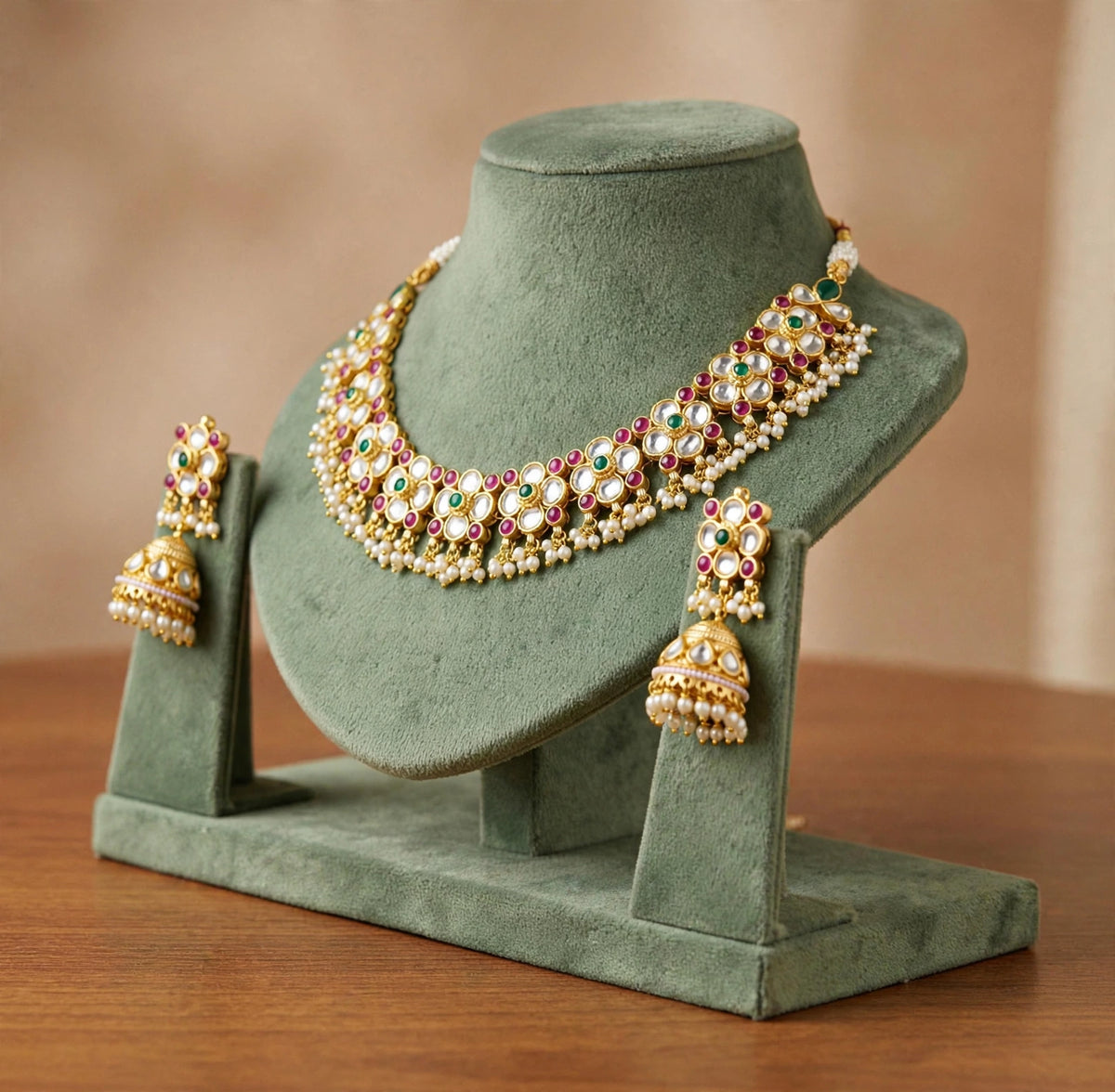 Handmade Kundan Choker Necklace with Earrings Set, Indian Bridal Jewelry