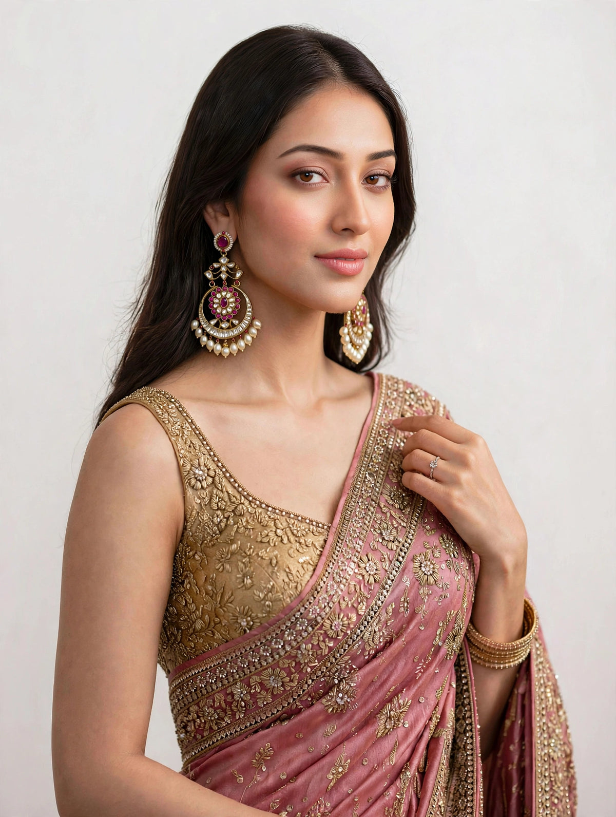Kundan Chandbali Earrings, Gold Finish, Pearl Drop, Indian Bridal Jewelry