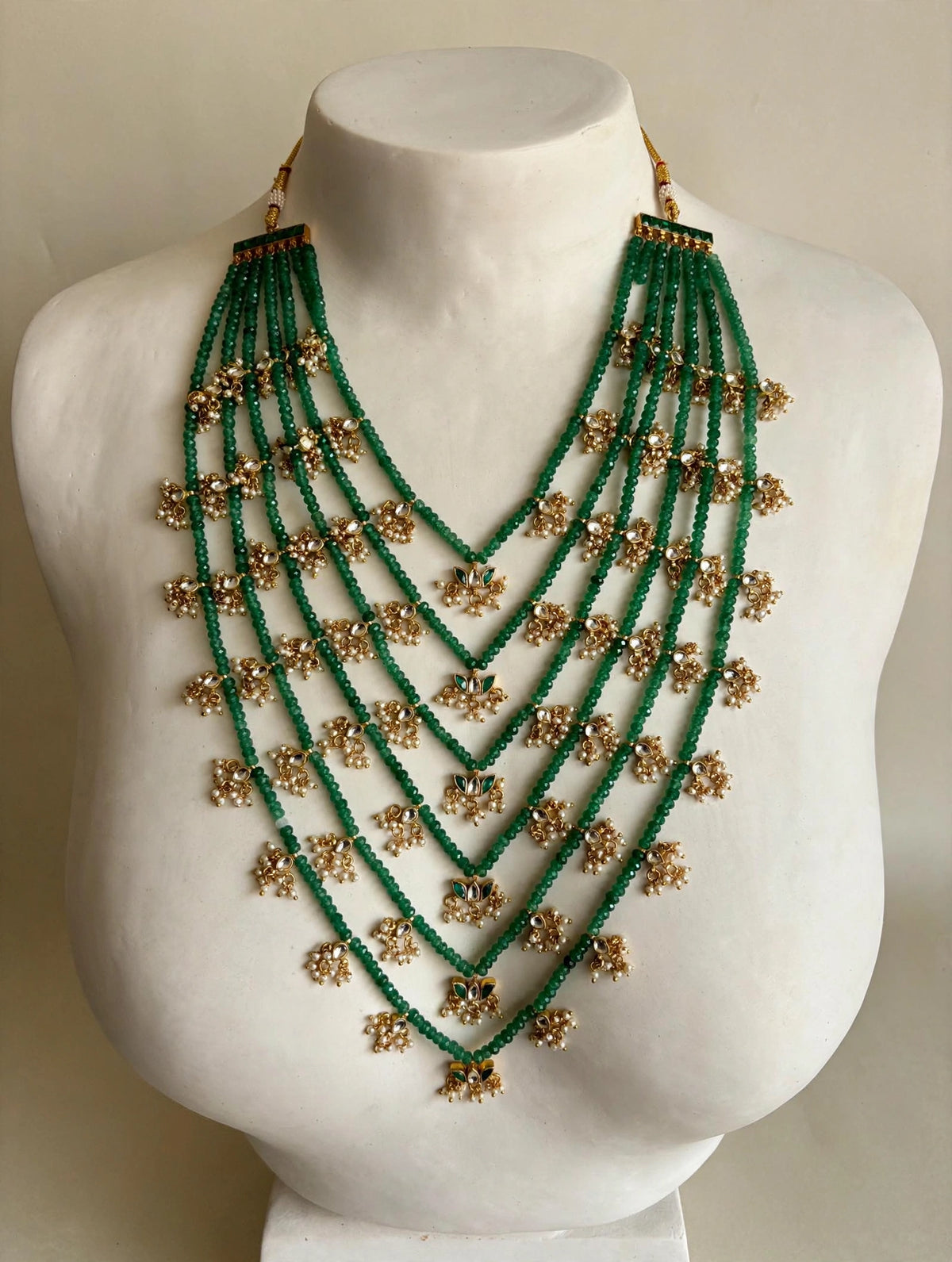 Multi-Layered Kundan Necklace | 22k Gold Plated Indian Bridal Jewelry | Green Satlada Set
